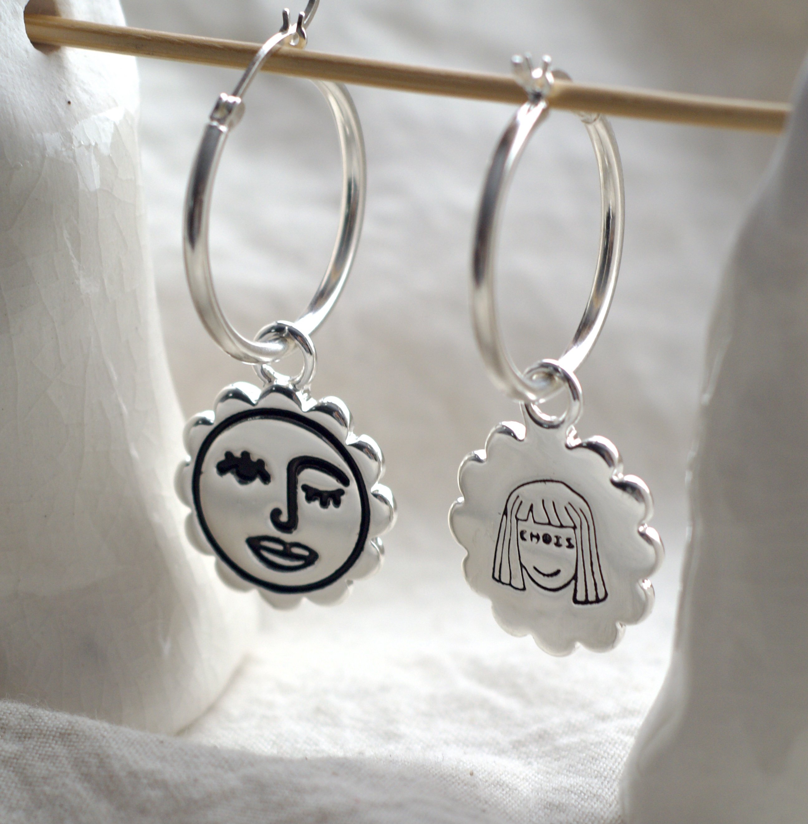 Sunny Heart Face Earrings White Gold Tone